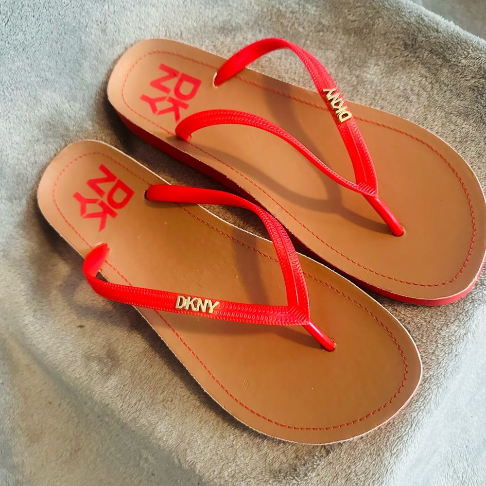 DKNY Red and Tan Flip Flops